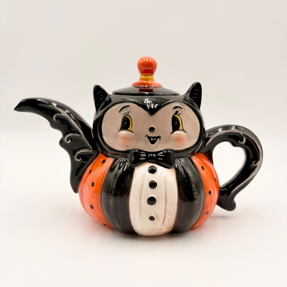 Johanna Parker Halloween Vampire Bat Pumpkin Ceramic Teapot Vintage Style